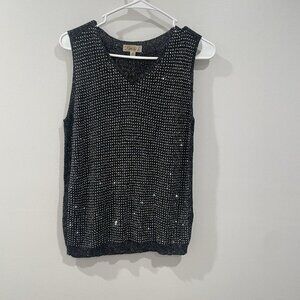 Lavish Black Silver Metallic Rhinestone Sleeveless Sweater Knit Blouse Size XL